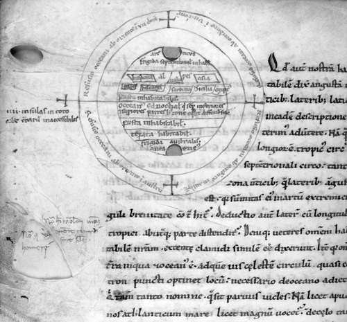 Fig. 10. This adaptation of Macrobius' world image, which was drawn in the first half of the twelfth century, is notable for the infiltration of ecumenical detail. North is at the top, and the cardinal points are marked with crosses. The toponyms hispania, alpes, gades, balearia, sardinia, Sicilia, egiptus and asia rarely appeared on earlier Macrobius maps. British Library, Egerton MS 2976, fol. 62v . Appendix 1, no. 30. (Reproduced with permission from The British Library.)