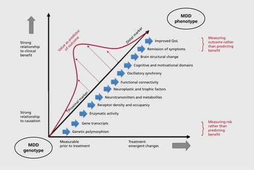 Figure 2 The spectrum of putative biomarkers of treatment outcome. Biomarkers to predict treatment outcome can be considered along a spectrum ranging from molecular methods (genotyping or measuring gene products) to clinical methods (characterizing cognitive and motivational domains or clinical symptoms). The levels of this spectrum parallel a spectrum of intermediate phenotypes (shown in Figure 1), with the experimental methods at each level corresponding to a suite of experimental tools (genomics, proteomics, clinical neurophysiology, neuroimaging, etc). Measurements made at levels closer to the genome (lower left) are traits measureable prior to treatment and have a strong relationship to causation, while measurements at levels closer to clinical phenotype (upper right) are made during or after treatment and have a strong relationship to clinical improvement. Given the current limited understanding of the neurobiology of MDD, biomarker measures obtained closer to the level of the genome (proximal biomarkers) tend to measure genetic risk and are weak predictors of clinical outcome. Biomarker measures obtained closer to the level of clinical phenotype (distal biomarkers) have strong relationships to clinical outcome, but are of limited value as predictors because they are obtained late in treatment. The most useful clinical biomarkers are most likely to be located at the middle of the spectrum: these are dynamic measures elicited early in response to treatment, with intermediate proximity to both the genome and the clinical phenotype. Additional factors that may affect biomarker measurements, such as past or current life stressors or other environmental factors, could influence measurements at multiple points along this spectrum and are not represented in this diagram. Reproduced from: www.ucla.brain.edu. Copyright © UCLA Laboratory of Brain, Behavior, and Pharmacology 2014