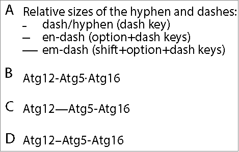 Figure 1. The evolution of the autophagy conjugation denotation. (A) An illustration of the different widths of the em-dash (approximately the width of the letter “M”), the en-dash (half the width of the em-dash) and the hyphen. (B) The original denotation (initially using the “Apg” nomenclature) used an interpunct to differentiate between the covalent bond (Atg12–Atg5) and noncovalent bond (Atg5·Atg16; referring to the yeast proteins). (C) A brief intermediate form used an em-dash to denote the covalent bond, eliminating the need for the interpunct. (D) The current nomenclature utilizes an en-dash to mark the ubiquitin-like conjugation-derived covalent bond between Atg12 and Atg5, and a hyphen to indicate the noncovalent bond.