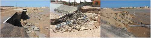 Figure 3. Collapse of El-Gouna infrastructure caused by the flash flood in 2014: main road (left), bank protection (middle), and cutting lines of electricity, internet and phone (right) (Helal, Citation2014).