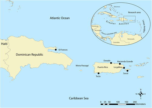 Figure 1. The location of El Frances and the five sites from Puerto Rico and Vieques Island.