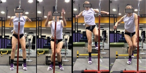 Figure 1 Dynamic lower extremity valgus.Notes: (A) Athlete lands during a double leg drop vertical jump at initial contact and (B) immediately displays dynamic lower extremity valgus on both legs. (C) Athlete lands during a single leg hop and (D) exhibits dynamic lower extremity valgus on the right leg.