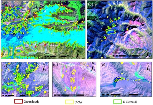 Figure 5. Glacier boundaries in the partial area of the Ulukchati image obtained using U-Net and U-Net with the channel-attention cSE model, respectively.