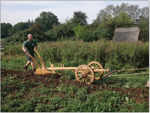 Plate I. Experimental ploughing of the fallow field at the Lauresham Open-Air Laboratory, using a reconstructed mouldboard plough (Photograph: Staatliche Schlösser und Gärten Hessen).