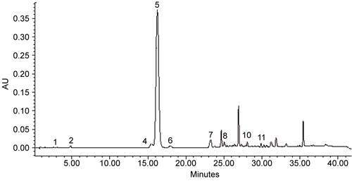 Figure 1.  The chromatogram of ethyl acetate extract obtained from H. montbretti leaves in the conditions as mentioned in experimental. GA (1), pro-CA (2), CA (4), ChA (5), SA (6), p-COU (7), FA (8), tr-CIN (10), IS (11).