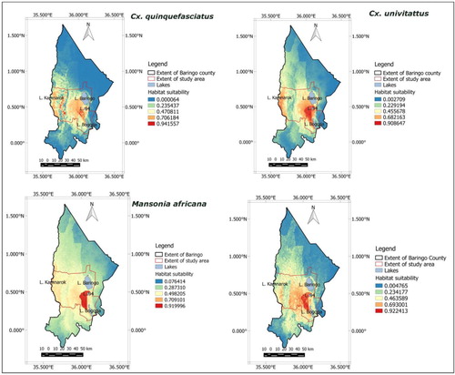 Fig. 2 Prediction maps generated using current Bioclim variables and landscape variables indicating that soil type is the most influential variable. The highest habitat suitability for the RVF vectors is in the lowland area between Lake Baringo and Lake Bogoria.