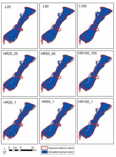 Figure 6. Overall simulated extent for all configurations (solid blue), compared to the observed extent (red outline).