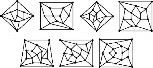 Figure 7. Laman graphs in T(n) with 12 ⩽ n ⩽ 18 vertices; for each n the graph with the largest Laman number among the Laman graphs in T(n) is displayed. The corresponding Laman numbers are given in Table 3 (encodings see Table 9).