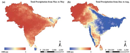 Figure 7. Total precipitation of (a) dry season (March–May) and (b) monsoon season (June–August) acquired from TRMM precipitation product in 2008 (Li, Zhao, & Deng, Citation2015).