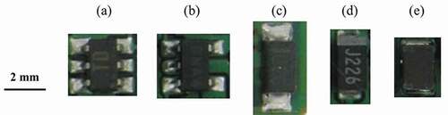 Figure 7. Example of devices similar to ICs. (a) IC, (b) transistor, (c) diode, (d) tantalum capacitor (black), (e) inductor.