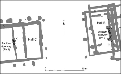 fig 9 Distribution of opus signinum flooring from Lyminge. Fragments are denoted by crosses. Illustration by Lyminge Archaeological Project.