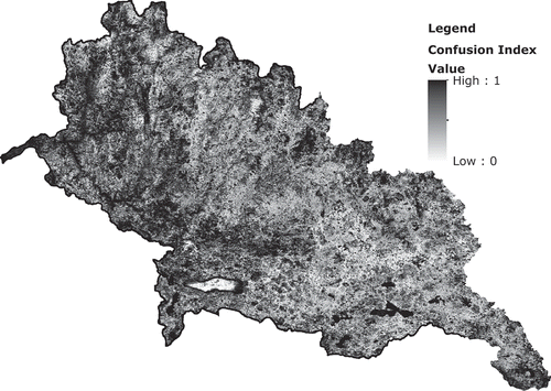 Figure 2. Confusion index values across the LCS watershed based on Classification Uncertainty Metrics for Land Cover Classifications, 2001–2007.