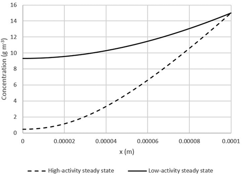 Figure 5. Diffusion profile in a biofilm as a function of biofilm depth showing two different steady states: dashed line – high active steady state; solid line – low activity steady state. Parameters used in the calculations are shown in Table 2. Outside boundary condition: 15 g m−3.