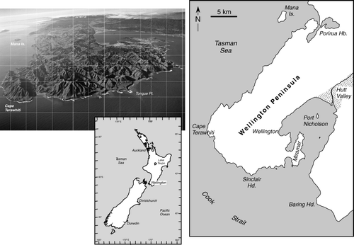 Figure 1  Oblique aerial photo looking north along the Wellington Peninsula and harbour, and map of the Wellington Peninsula with place names referred to by Dieffenbach (1843) (photo: DL Homer, GNS Science).