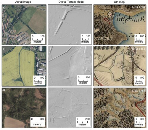 Figure 4. Examples of relics of the dam in city administrative areas: (a) Relic of a massive dam of the former pond Točník which is used as a road embankment (city: Klatovy; old map: 1MS); (b) Half of the former dam of the pond covered by non-forest woody vegetation (city: Písek; old map: 2MS); (c) Relics of dams in the woods near the city Jihlava (old map: 1MS). Source: © ČÚZK; © Austrian State Archives [Österreichisches Staatsarchiv] – all rights reserved (survey, z.B. ‘Josephinische Landesaufnahme’ / ‘First military survey’), Mapire.eu; © Czech National Geoportal (CENIA).