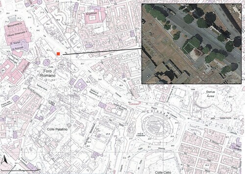 Figure 2. Map with current area of excavation at the Forum of Caesar indicated. Map: Sovrintendenza Capitolina—The Caesar’s Forum Project.
