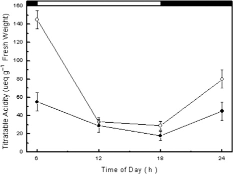 Figure 2. Diurnal changes in titratable acidity of chlorenchyma in E. fractiflexa during the wet season (○) and the dry season (•) (±SD, n=10).