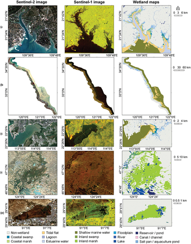 Figure 7. The wetland mapping results of five national wetland reserves in 2021. (a) Site 1, (b) Site 2, (c) Site 3, (d) Site 4, (e) Site 5. Figures in the first and second columns are Sentinel-2 and Sentinel-1 composite images in 2021, respectively.