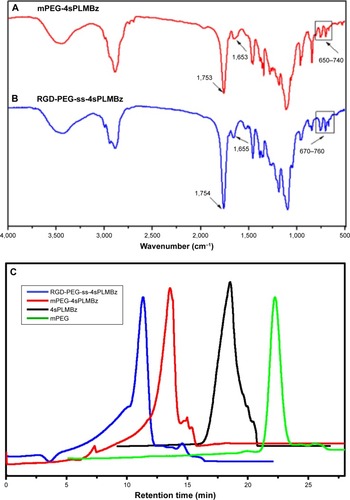 Figure 2 FTIR spectra (A and B) of mPEG-4sPLMBz and RGD-PEG-ss-4sPLMBz copolymers, and GPC traces of (C) mPEG, 4sPLMBz, mPEG-4sPLMBz, and RGD-PEG-ss-4sPLMBz copolymers.Abbreviations: FTIR, Fourier transform infrared; GPC, gel permeation chromatography; min, minutes; mPEG, methoxy poly(ethylene glycol); PEG, poly(ethylene glycol).