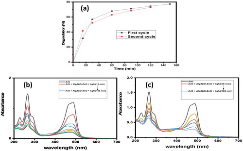 Figure 8. UV-Visible absorption spectra for the reusability of the nano-catalyst. Graph (a) shows the reusability of the catalyst in the degradation of ArO for two successive cycles.