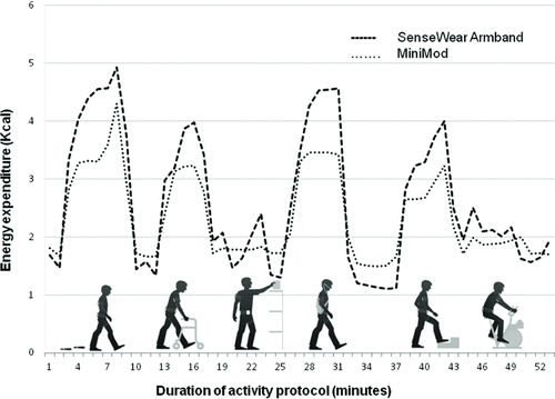 Figure 3 Activity patterns based on minute-by-minute energy expenditure during the protocol. The lines represent the mean of 14 subjects.