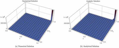 Figure 1. Graphical evidence for Example, 3.6, M=20,N=80. The blow-up in the analytical solution given by (b) is in agreement with that of the approximate solution given by (a). As t→1, x→1, u(1,1)→∞, which is in agreement with the approximate solution.