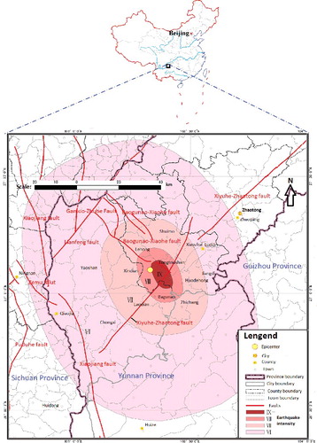 Figure 1. Intensity map of the Mw 6.5 Ludian earthquake on 3 August, 2014 published by the China Earthquake Administration.Source: (Modified) http://www.cea.gov.cn/publish/dizhenj/464/478/20140807085249557322083/index.html.