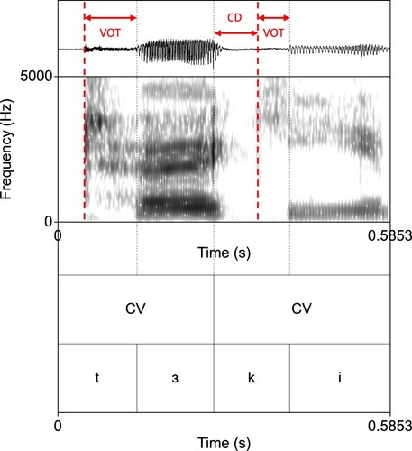 Figure 1 Waveform and spectrogram of a sample word turkey. Red arrows indicate locations of closure release and constriction duration for the medial stop. Spectrogram settings: Gaussian window, window length = 0.005 s, maximal frequency = 5000 Hz, time step = 0.002 s, frequency step = 20 Hz