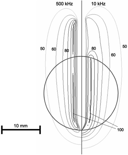 Figure 6. Tissue temperature (°C) after 12 min RF ablation with cooled needle electrode at 500 kHz (left) and 10 kHz (right) in a slice central through the electrode. Isotherms are shown from 50–100°C in 10°C intervals. Grey circle represents tumour boundary.