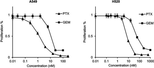 Figure 1 Inhibitory effect of gemcitabine (GEM) or paclitaxel (PTX) on human non-small cell lung cancer (NSCLC) cell lines. After incubating cell lines with various concentrations of drugs for a total of 48 h, we measured the absorbance at a wavelength of 450 nm. The IC50 of GEM in A549 and H520 cells was 6.6 nM and 46.1 nM, respectively. The IC50 of PTX in A549 and H520 cells was 1.35 nM and 7.59 nM, respectively.