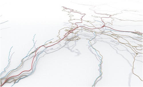 Figure 3. Roads and rivers rendered as 3D tubes over a flat white plane. Each class of line feature has a different color and radius. Terrain is absent but the shadows on the ‘floor’ give an indication of relative feature height.