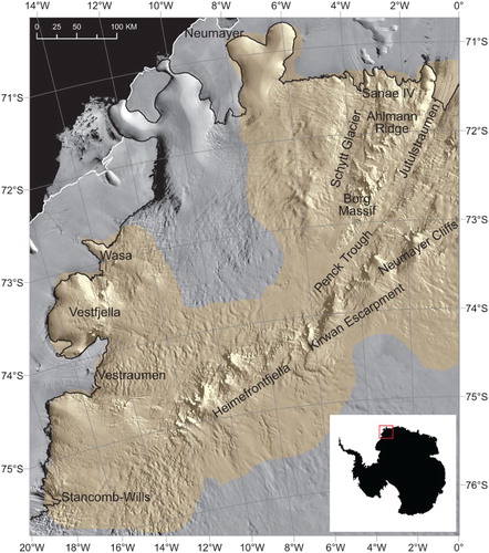 Figure 1. Study area and its major geomorphological and geological locations. The yellow region delineates the area within which it was possible to map geomorphological features in WDML and the background data are the MODIS MOA (CitationHaran et al., 2005). The inset shows the location of the study area.