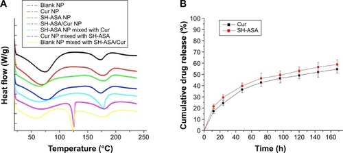 Figure 4 Characterization of SH-ASA/Cur-coloaded mPEG-PLGA NPs.Notes: (A) DSC curves of blank NPs, Cur NPs, SH-ASA NPs, SH-ASA/Cur-coloaded NPs, SH-ASA NPs physically mixed with free Cur, Cur NPs mixed with free SH-ASA, and blank NPs mixed with both free drugs. (B) In vitro drug release behaviors of SH-ASA/Cur-coloaded mPEG-PLGA NPs.Abbreviations: NP, nanoparticle; Cur, curcumin; SH-ASA, SH-aspirin; h, hours; mPEG-PLGA, methoxy poly(ethylene glycol)-poly (lactide-coglycolide); DSC, differential scanning calorimeter.