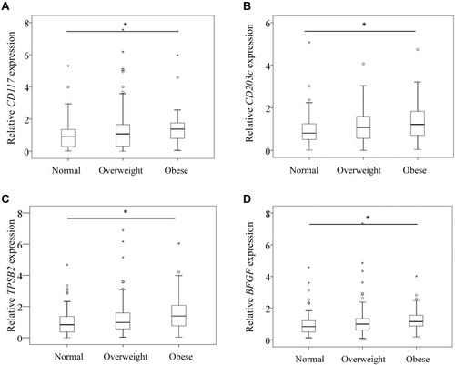 Figure 1 CD117 (A), CD203c (B), TPSB2 (C), and BFGF (D) mRNA expression in the synovium of normal, overweight, and obese patients with knee osteoarthritis. *P<0.05. P values are indicated.