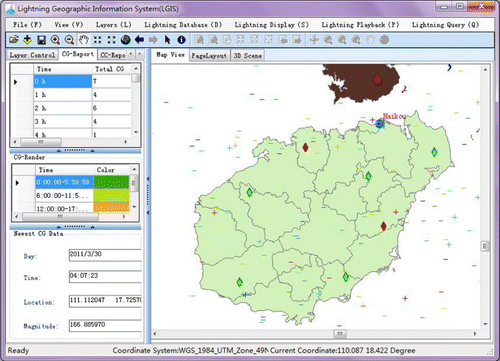 Figure 5. 2D lightning real-time monitoring of the current day. The CG of the whole day is divided into four groups, rendered with different colours. The diamond symbol represents the state of the detector, the green and the red represent normal and abnormal, respectively.