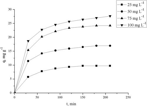 Figure 5. Effect of contact time and initial TC concentration on biosorption uptake onto pretreated biomass (1 – 25 mg L−1, 2–50 mg L−1, 3–75 mg L−1, 4–100 mg L−1; W = 2.0 g L−1, pH = 5.0).