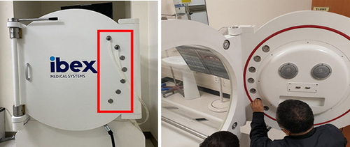 Figure 3 Installation of a penetrator for sensing on the door of the monoplace hyperbaric chamber. The developed gas monitoring system is connected with a hose after installing a penetrator on the door side of the monoplace hyperbaric chamber.