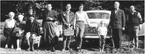 Figure 1. On sabbatical in France 1965, Bob Shaffer (center with basket), Jocelyn, and Martha. Shaffer to right. Henri Romagnesi seated fourth from left. Courtesy of Martha Nobunaga.