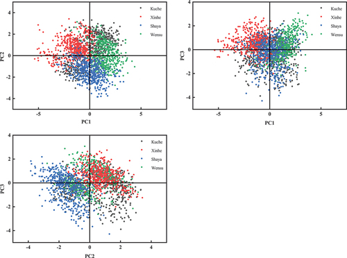 Figure 4. Scatter point plots of the first three principal components in two-dimensional.