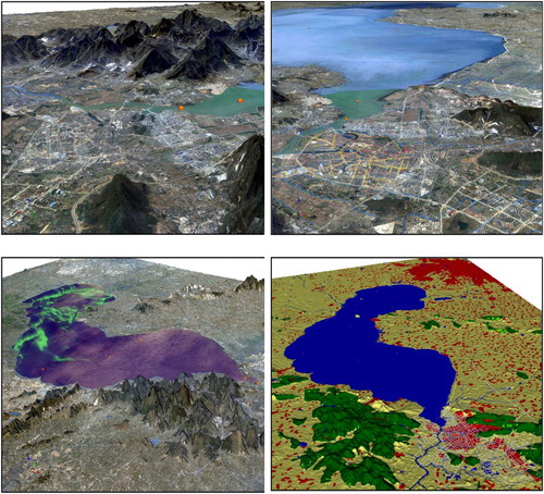 Figure 5. Visualisation of the Chao Lake VGE. (a) Super-elevated terrain of Chaohu city from the north with aerial image texture. Buoys within the lake are marked in Orange. (b) View of Chaohu city from the east with sewage network superimposed on the surface. Note the fine resolution of the texture within the city compared to the rougher texture in the background (c) Super-elevated view of Chao Lake from the southwest. Mapped on the lake surface is a LANDSAT 8 image showing algal bloom in summer. (d) view of land use information in the Chao Lake region. Chaohu city is located in the lower left corner, road- and river network are mapped onto the terrain surface.