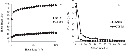 FIGURE 1 A: Plot of shear rate (Pa) versus shear stress (s−1); B: Plot of shear rate (Pa) versus viscosity (Pa.S) for a 10% NSPS and CTSPS dispersion heated at 85°C. Mean values followed by different letters within the column are significantly different (p < 0.05).