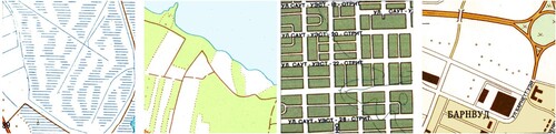 Figure 21. Examples of additional symbols from the sample (left to right); general passable marsh (Freetown), general vegetation (Cairo), densely built low-rise buildings (green hachure) (Miami), general bridge (Gloucester) (all private collection).