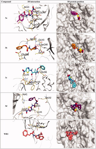 Figure 9. 3D pictures of the synthesised compounds representing the binding interactions and positioning at the SARS-CoV Mpro pocket, with the co-crystallized redocked ligand (WR1). H-bonds were described by red dashed lines while H-pi bonds by black ones.