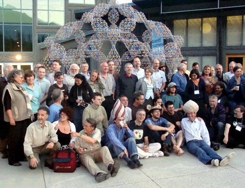 Figure 2. Gathering of Bridges Conference attendees at Banff International Center, Banff, Alberta, Canada, 2009. Reza Sarhangi is kneeling at far left, front row. Photo, courtesy Carlo Séquin.