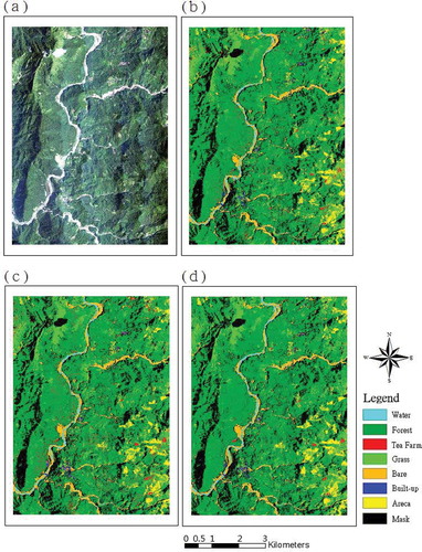 Figure 7. (a) Hyperspectral image (R: 654.9 nm; G: 559.4 nm; B: 454.1 nm), and land-cover classification using (b) hyperspectral data alone (HYPER), (c) hyperspectral data after MNF (HYPERMNF), and (d) multi-sensor data (HYPER + LiDAR) based on SVM.