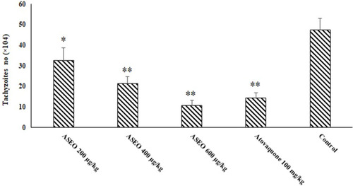Figure 4 The mean number of tachyzoites in the infected mice pre-treated with ASEO at the doses of 200, 400, and 600 µg/kg/day for 14 days. Data are expressed as the mean ± SD (n = 8). *p < 0.05; **p < 0.001.