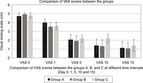 Figure 2 Comparison of VAS scores (pain intensity) between the groups.
