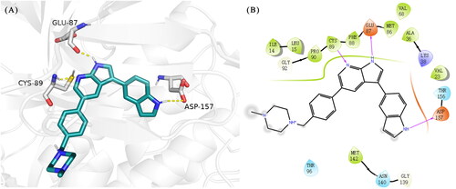 Figure 2. (A) The binding mode of URMC-099 (coloured by element with carbons in teal) in the TBK1 active site. The kinase was depicted in white cartoon, and interactions were illustrated with yellow dashed lines. (B) 2D diagram of the interaction between URMC-099 and TBK1.