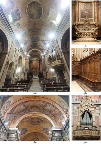 Figure 2. (a) View of the interior of the church; (b) particular of the frescoed triumphal arch; (c) high altar with polychrome marbles; (d) original walnut choir; (e) organ from 1779.