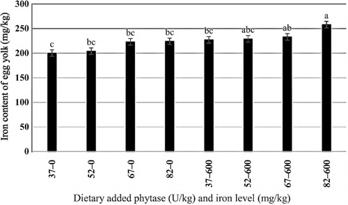Figure 2. Interaction between dietary added iron and phytase on egg yolk iron content.